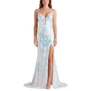 Jovani Sequined Backless V-Neck Long Mermaid Evening Gown White Size 6 Dress